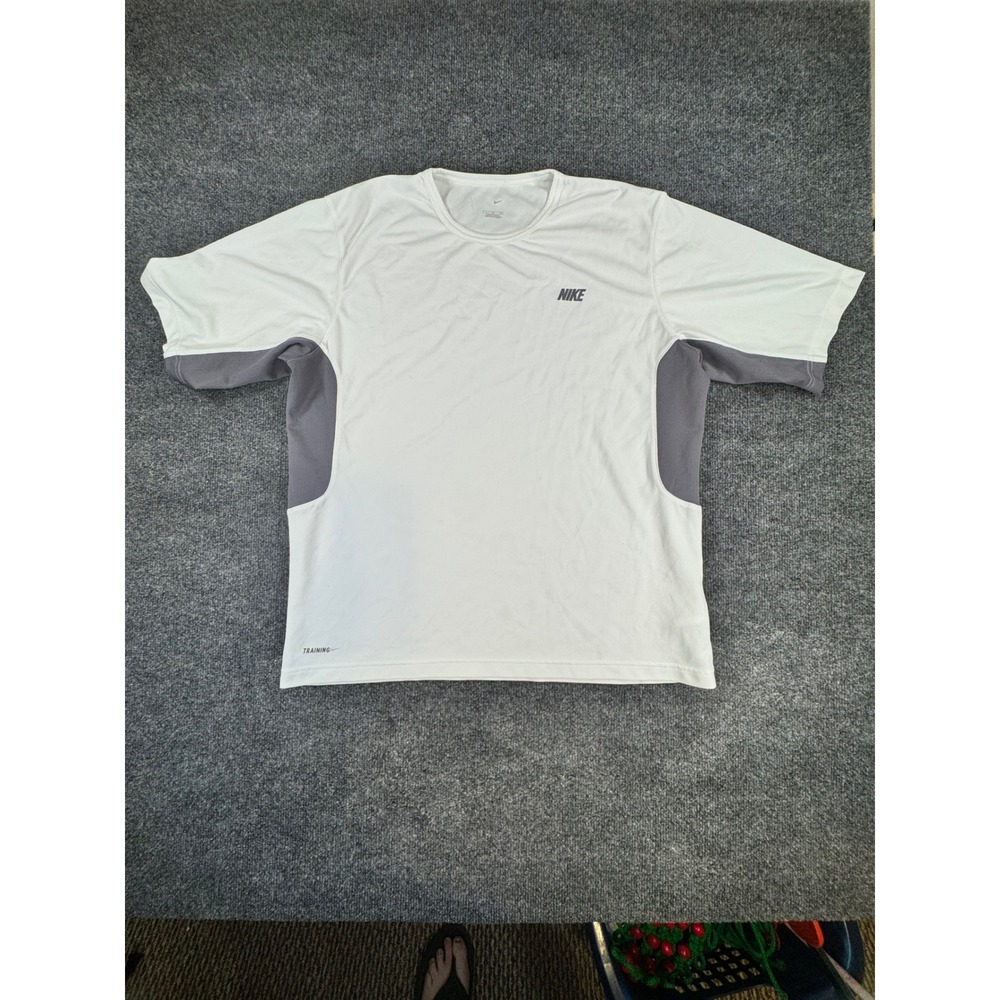 Nike Training Shirt Mens Large White Gray Short Sleeve Performance Tee Logo